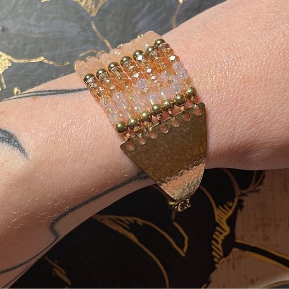 Estate Gold Metal and Gold White & Cream Sparkling Wide Beaded Bracelet D3 - Picture 8 of 12